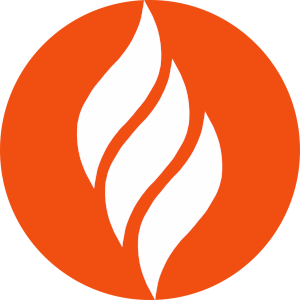Vapaa-ajattelijoiden logo. Pyöreä oranssinen tausta jossa kolme valkoista liekkiä päällekkäin.