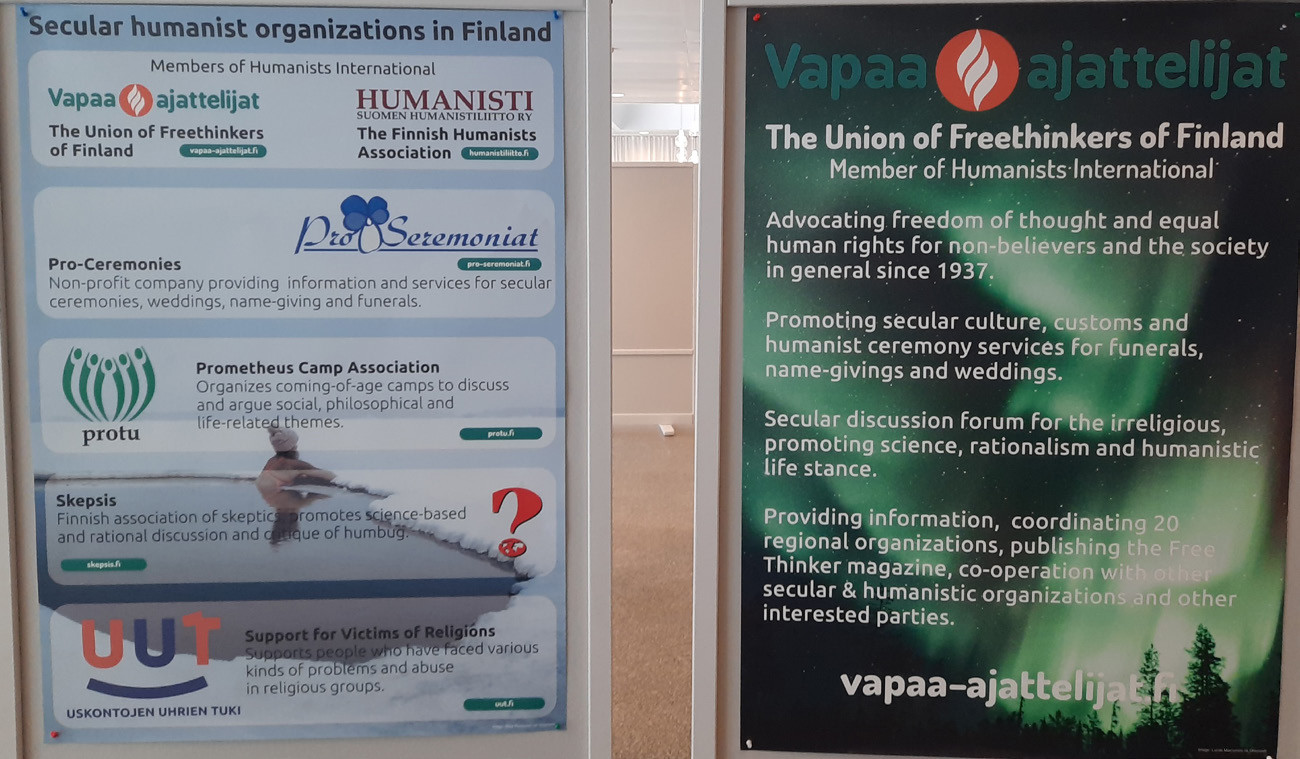 Vapaa-ajattelijoiden ja suomalaisten sekulaarijärjestöjen postereita