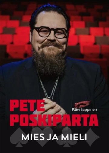 Päivi Sappinen: Pete Poskiparta. Mies ja mieli. readme.fi, 2023. Kuvassa Pete Poskiparta, taustana punamusta mosaiikkikuvio.