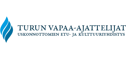 Turun vapaa-ajattelijat logo. Kuvassa sinisävyinen Vapaa-ajattelijoiden kolmoisliekkisymboli ja tekstit "TURUN VAPAA-AJATTELIJAT" ja "USKONNOTTOMIEN ETU- JA KULTTUURIYHDISTYS"