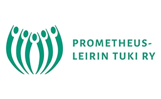 Prometheus-leirin tuki ry logo. Tyyliteltyjä vihreitä ihmishahmoja käsi ylöspäin ojennettuna.