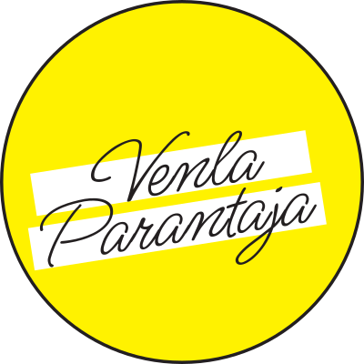 Venla Parantaja logo. Keltainen ympyrä jonka ympärillä musta rengas. Tekstinä Venla Parantaja.