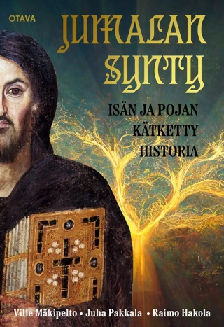 "Jumalan synty" -kirjan kansi. Vasemmassa reunassa ikoni-tyylillä hahmoteltu pitkätukkainen ja parrakas mies Raamattu kainalossa, oikeassa reunassa palava pensas. Taustalla sinivihreä taivas.