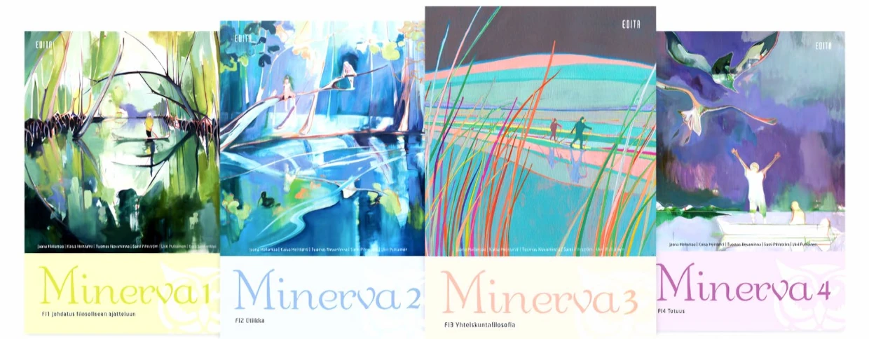Neljä kappaletta sinisävyisiä Minerva-kirjasarjan kansikuvia