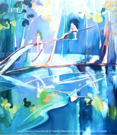 Ote Minerva 2 kirjan kansikuva. Sinisävyinen kuva puiden ympäröimästä lammesta jonka yli kurottavalla puun haaralla kaksi lasta.