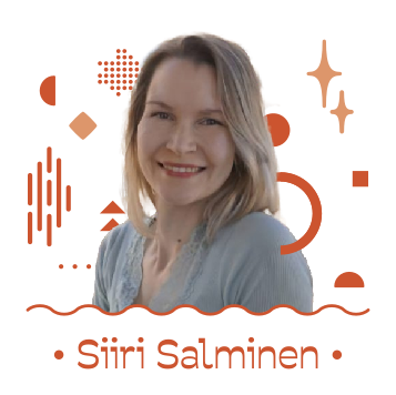 Siiri Salminen rintakuva. Vaaleahiuksinen nainen vaaleanharmaassa puserossa hymyilee kameraan päin. Taustalla oranssinvärisiä geometrisiä kuvioita.