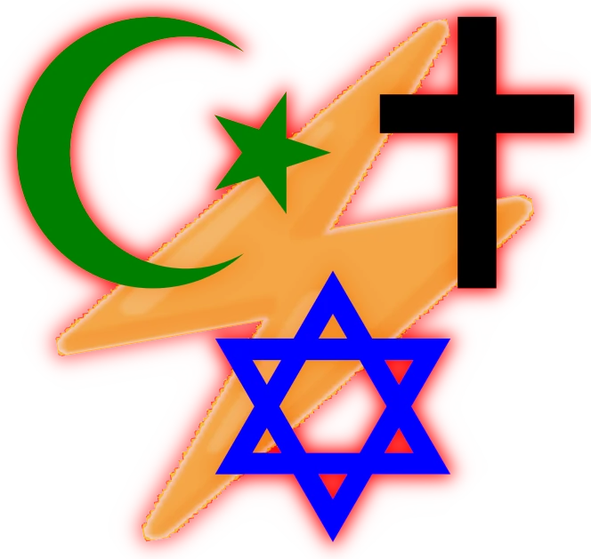 Islamin, kristinuskon ja juutalaisuuden symbolit. Taustalla korkean jännitteen symboli. Symboleita kehystää punainen hohde.