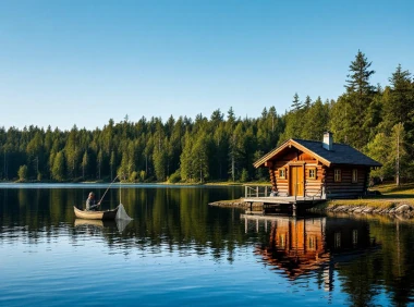 Veneilevä kalastaja kokemassa verkkoa. Järven rannalla hirsisauna.