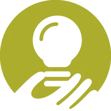 Kuntalaisaloite logo. Vihertävä ympyrä, jonka alareunassa valkoisella käsi ja sen päällä hehkulamppu.