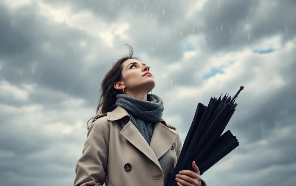 Päällystakkiin pukeutunut nainen suljetun mustan sateenvarjon kanssa katsoo pilviseltä taivaalta putoavia vesipisaroita.