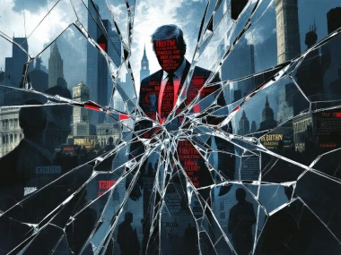 Sinisävyisessä kuvassa särkynyt peili, josta heijastuu tornitalojen täyttämä kaupunkimaisema ja pukuun pukeutunut punertava mieshahmo.