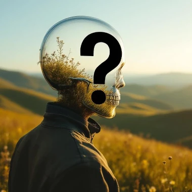 Le Chat kehote: Piirrä kuva jossa ihmisen pää takaa katsottuna tarkkailee kaukaisia kukkuloita. Piirrä pään sisälle kysymysmerkki.