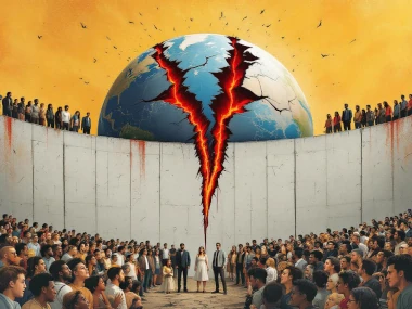 Kuvassa betonimuurin takana oleva maapallo. V-kirjaimen muotoinen laavavirta halkaisee sekä maapallon että muurin. Katsojat muurin päällä ja sen edessä katsovat keskellä olevia johtajia.