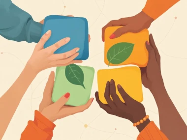 Monenlaiset kädet nostavat yhdessä erivärisiä ja -muotoisia palikoita. Osassa palikoita on puunlehtikuvio. Taustalla pisteiden ja viivojen muodostama verkosto.