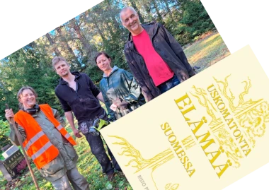 Toimintakertomus 2025. Kuvakollaasissa Kullervon hautausmaan talkooväkeä ja Uskomatonta elämää Suomessa -kirjan kansikuva.