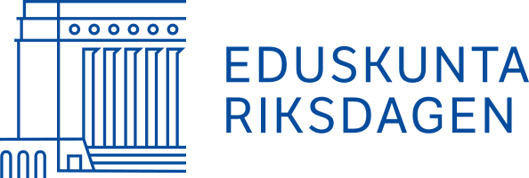 Eduskunnan logo. Kuvassa sininen viivapiirros eduskuntatalon vasemmasta sivusta sekä tekstit EDUSKUNTA ja RISKDAGEN.
