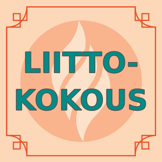 Liittokokous logo. Etualalla teksti LIITTOKOKOUS, jonka takana vapaa-ajattelijoiden liekkilogo.