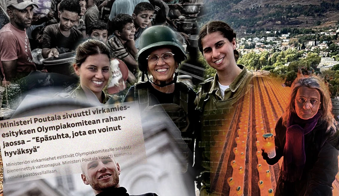 Kuvassa Päivi Räsänen hymyilee kahden israelilaisen sotilaan välissä. Taustalla kärsiviä palestiinalaislapsia.