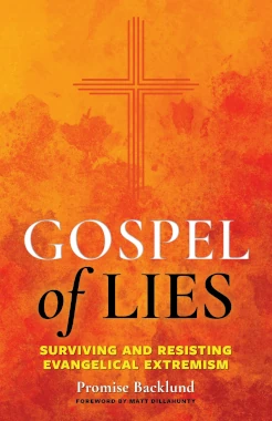 Gospel of Lies -kirjan kansi. Oranssin sävyisellä taustalla oranssin värinen risti.